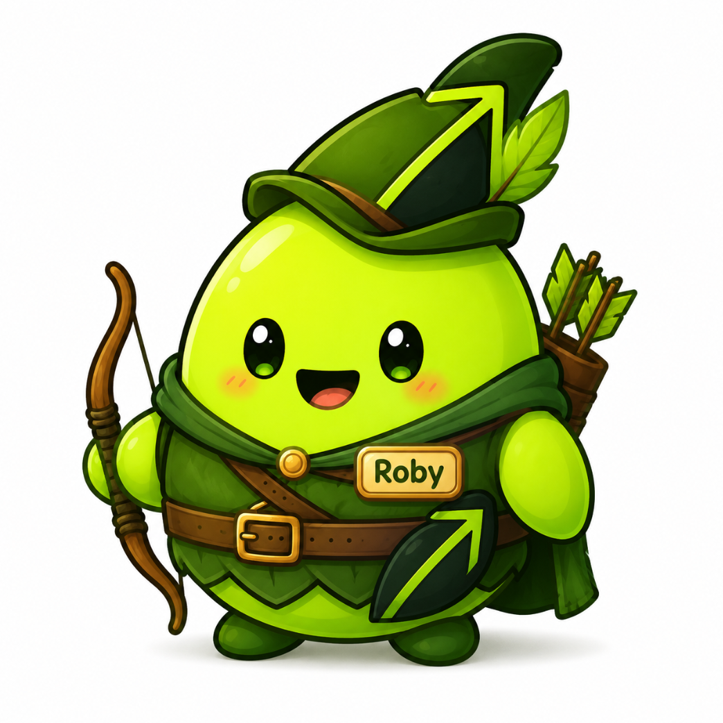 Roby, Robinhood's new mascot — a lime-green character dressed as Robin Hood with a bow and quiver